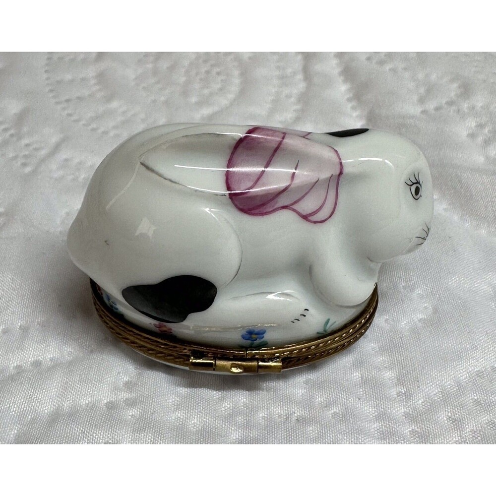 Limoges Rabbit Porcelain & Blue Egg Trinket Brass Hinged Boxes France - Picture 5 of 16